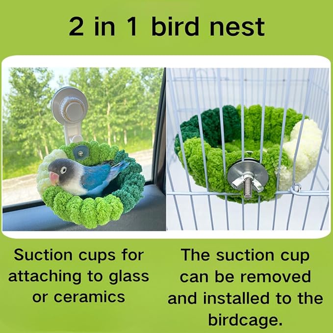 2 in 1 Bird Nest with Removable Suction Cup, Vehicle-Mounted Bird Nest for Travel, Bird Plush Nest for Birdcage, Coral Velvet Warm Nest for Parrot Budgie Lovebird Conure Quaker (Large,Blue)