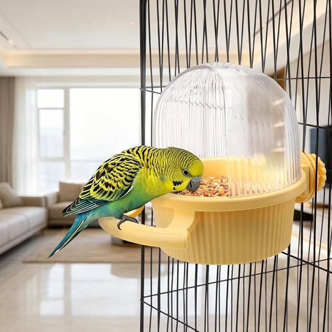 Litewoo No Mess Bird Feeder for Cage Parrot Feeder with Dispenser Multifunctional Bird Seed Food Water Bowl for Parrot Lovebird Budgie Finch Parakeet Conure Cockatiel (Yellow)