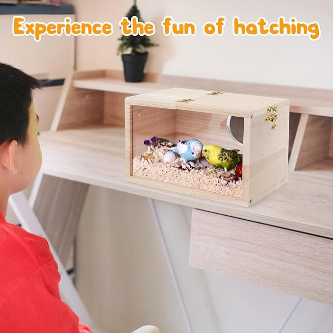 Natural Wood Nesting Box for Parakeet Birds Transparent Design Breeding Box with Perch Wood Bird Cage House for Cockatiel Lovebirds Budgie Finch Parrotlets Canary (Small)