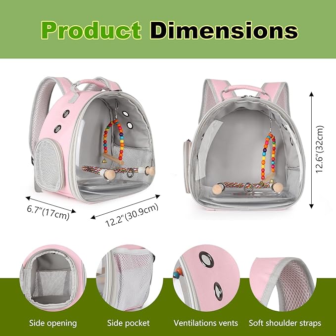 Portable Parrot Travel Cage Carrier with Small Swing Toy&Cage Colorful Toys Set Small Bird Parakeet Bag with Standing Perch Bird Carry Transport Bag (Pink, Backpack/Swing)