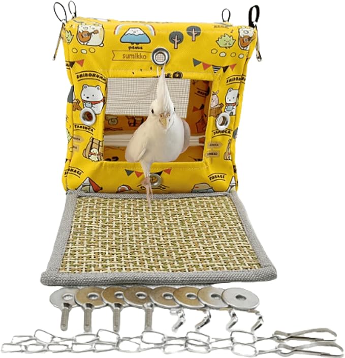 Large Spring Summer Breathable Bird Nest House, Zipper Design On The Back for Easy Cleaning, Conure Bed for Inside or Outside The Birdcage (Square-Yellow,L)