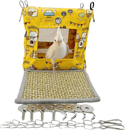 Large Spring Summer Breathable Bird Nest House, Zipper Design On The Back for Easy Cleaning, Conure Bed for Inside or Outside The Birdcage (Square-Yellow,S)