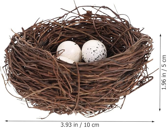 PRETYZOOM Artificial Bird Nest Decor Set with 4 Rattan Nests & 12 Speckled Eggs, 3.93 x 3.93 x 1.96 in, Realistic Nature-Themed Easter Party Favors, DIY Crafts & Home Office Decoration