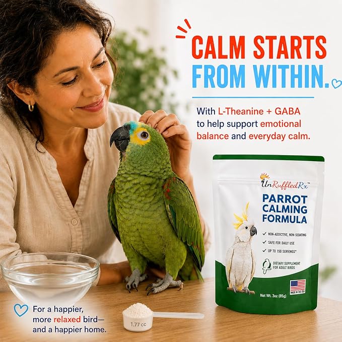UnRuffledRx™ Calming Formula for Parrots – Bird Supplement that Supports Relaxation During Stressful Events Like Fireworks, Travel, and Visitors – 150 Servings – Made in USA