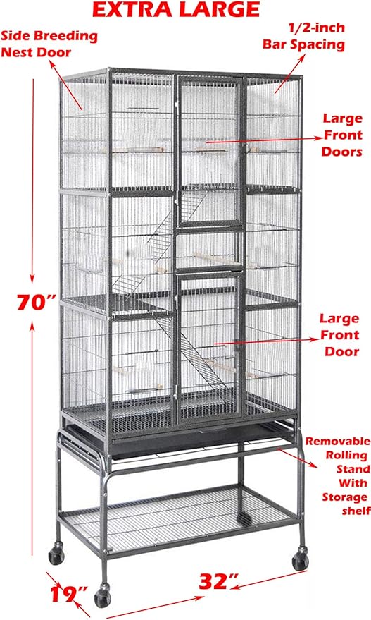 2 Color, Extra Large Wrought Iron Flight Canary Parakeet Cockatiel Lovebird Finch Bird Cage with Removable Stand, 32-Inch by 19-Inch by 70-Inch