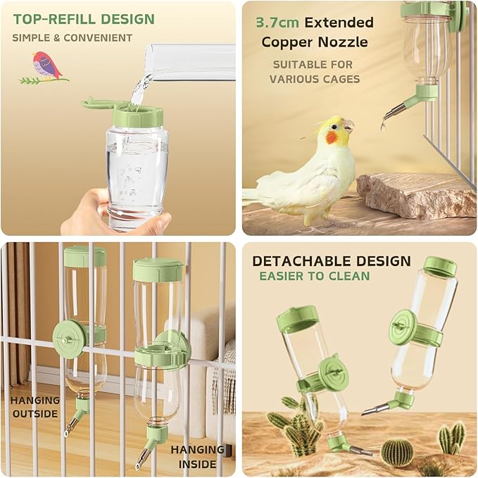 Bird Feeder Water Dispenser Set, Automatic Cage Feeder with Perch for Parakeet Canary Cockatiel Finch Budgie (Green)