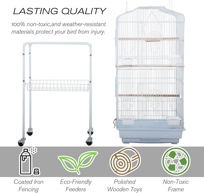 Bird Cage Parakeet Cage 64 inch Open Top Standing Parrot Cage Accessories with Rolling Stand for Medium Small Cockatiel Canary Parakeet Conure Finches Budgie Lovebirds Pet Storage Shelf (White)