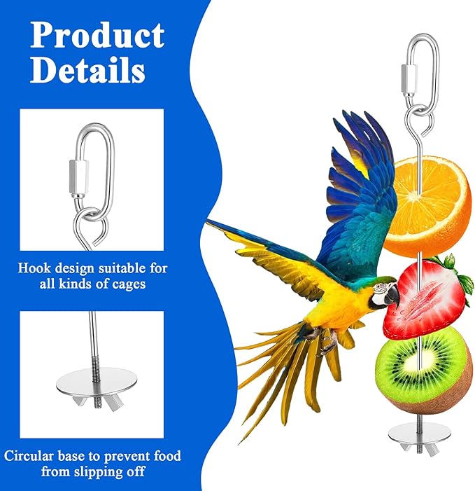 3 Pcs Bird Cage Food Holder, Stainless Steel Fruit Vegetable Skewer Bird Feeder for Cage Hanging Foraging Toys for Parrot Parakeet Small Animals Birds Cage Accessories