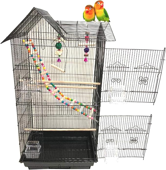 38-Inch Double Roof Top Large Flight Bird Cage with Toys Climbing Ladder Side Nesting Box Doors for Cockatiels Sun Parakeets Conures Aviary Budgie Finch Lovebird Canary Pet Bird Travel Cage