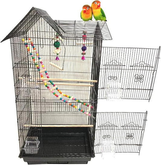 37-inch Portable Hanging Medium Flight Bird Cage for Cockatiel Sun Quaker Parakeet Green Cheek Conure Parrotlet Finch Canary Budgie Lovebird Small Parrot Travel Bird Cage (Black, with Toy)
