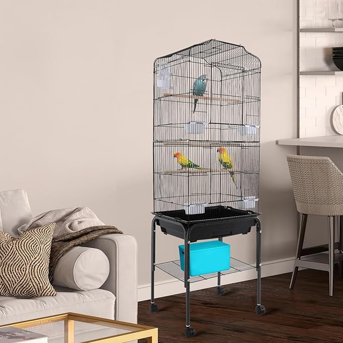 Large Bird Cage with Rolling Stand, Wrought Iron Movable Parrot Cage, Rectangular Flight Cage with Feeding Bowls for Parakeet Cockatiel Lovebird Canary (Black-2)