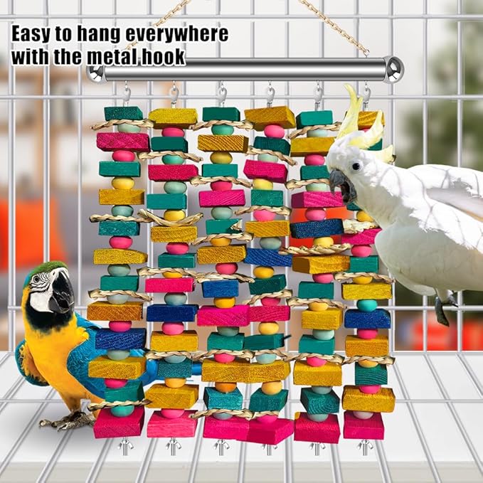 Large Bird Toys for Macaws, Stainless Steel Multicolored Wooden Blocks Bird Chewing Toy Parrot Cage Bite Toy for Macaws Cokatoos African Grey and Large Medium Parrot Birds
