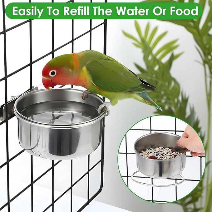 10 Pack Stainless Steel Bird Food Bowls with Clamp Holder, Parrot Feeding Dish Cups for Cage, Rustproof Bird Water Feeders for Cockatiel Conure Budgie Parakeet Macaw Lovebird Small Animals