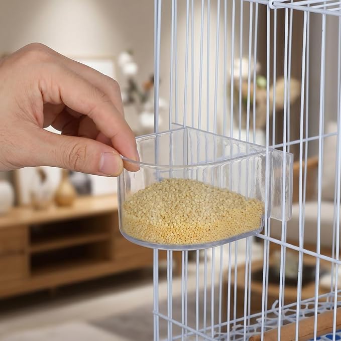 DOITOOL Bird Cage Feeder Cups, 2PCS Clear Plastic Seed Water Feeder Cups, Thickened Food Water Bowl for Pet Bird Parrot Parakeet Cages, Hanging Accessories