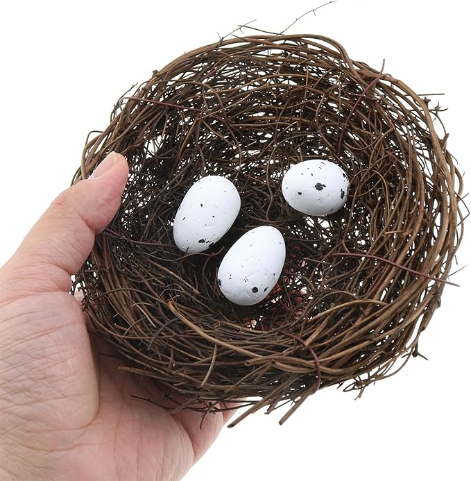 2PCS 4.7 Inch Brown Dry Rattan Handmade Artificial Bird Nest Decoration with Faux Bird Egg Crafts Bird Nest for Crafts Patio Garden Plant Planter