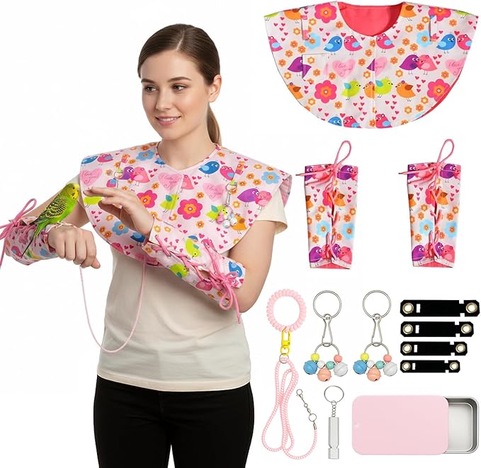 Pink bird parrot cape,parrot training tools kit Poop Guard, with 2 Wrist Straps, Leash, Training Whistle,Treat Box,Washable Bird Accessory for Conure/Cockatiel/African Grey