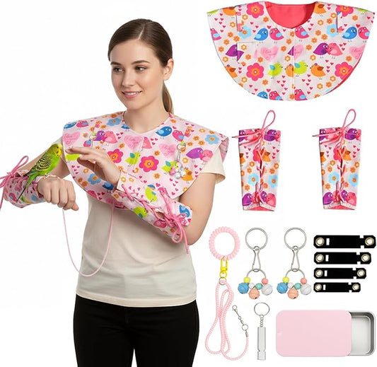 Pink bird parrot cape,parrot training tools kit Poop Guard, with 2 Wrist Straps, Leash, Training Whistle,Treat Box,Washable Bird Accessory for Conure/Cockatiel/African Grey