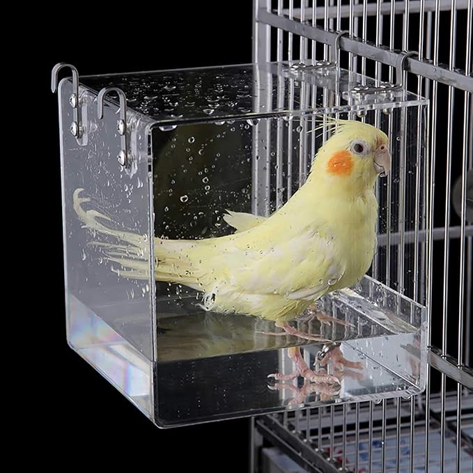 Big Bird Bath Cage, Cleaning Pet Supplies Cockatiel Bird Bathtub with Hanging Hooks for Birds Lovebirds Cockatiels Canaries Sun Conures for Most Birdcage
