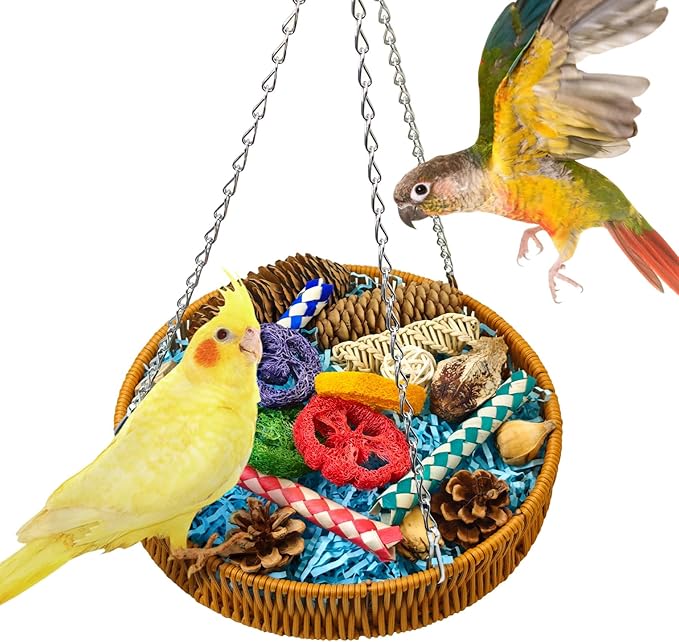BNOSDM Rattan Bird Foraging Box 22Pcs Natural Parrot Shredding Toys Boxes Colorful Bird Chewing Toy for Cockatiel Budgie Parakeet Conure Lovebird African Grey