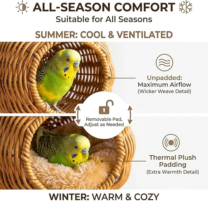 Rattan Bird Nest Chewproof Steel Frame Parakeet Nesting House for Cage, Small Bird Hammock Parrot Sleeping Bed with Soft Mat for Cockatiels Budgerigars Finches Canaries