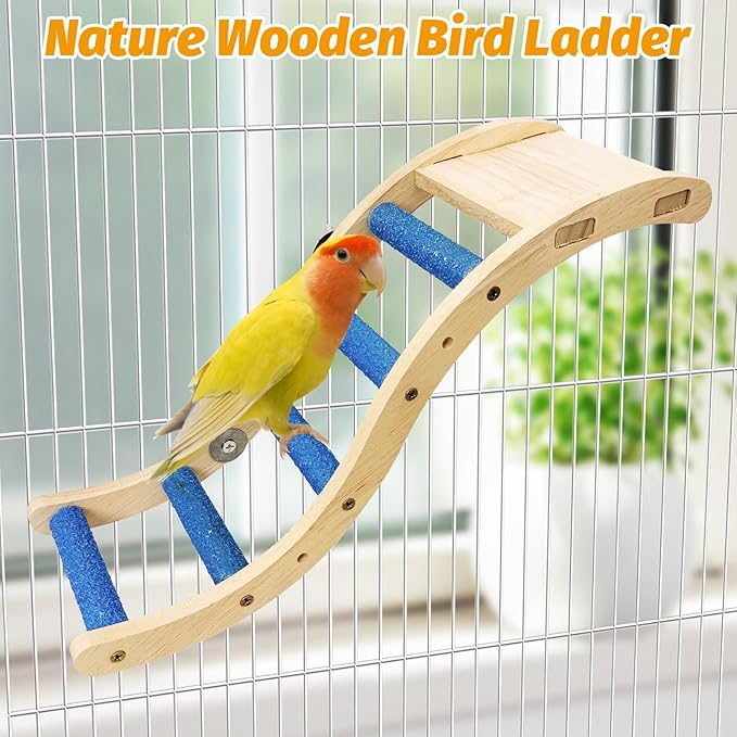 Nature Wooden Bird Ladder Pet Parrots Climb Bridge Exercise Stands for Parakeet Climbing Chewing Bridge Bird Cage Accessories for Cockatiel Parakeet Lovebirds Budgie (Blue)
