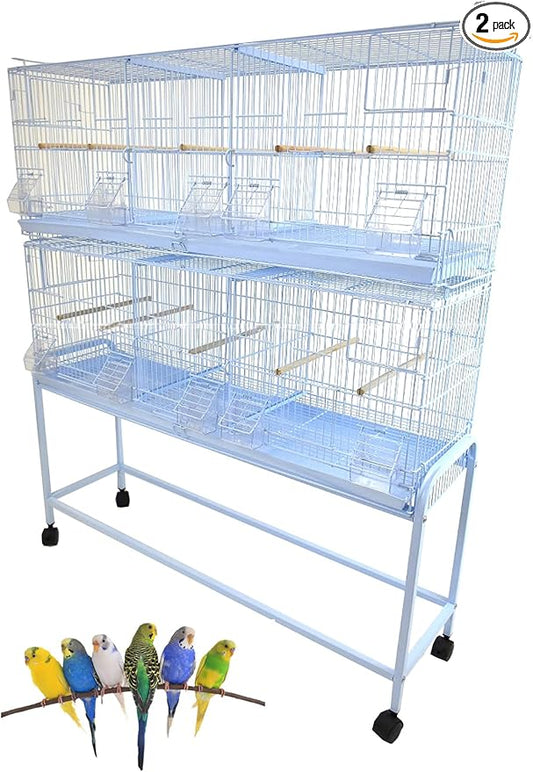 Combo: White Stack & Lock Breeder Bird Flight Cage Breeding Nest Door Double Removable Center Divider with Rolling Stand (38"x11"x15"H LOT-2-STAND, White)