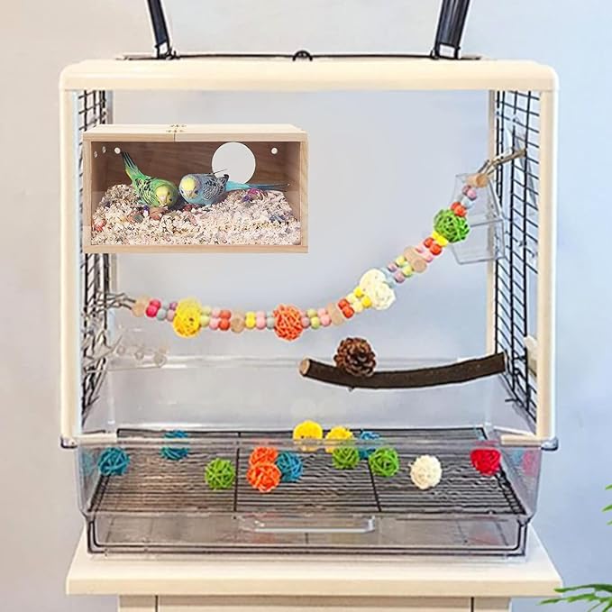Natural Wood Nesting Box for Parakeet Birds Transparent Design Breeding Box with Perch Wood Bird Cage House for Cockatiel Lovebirds Budgie Finch Parrotlets Canary (Large)