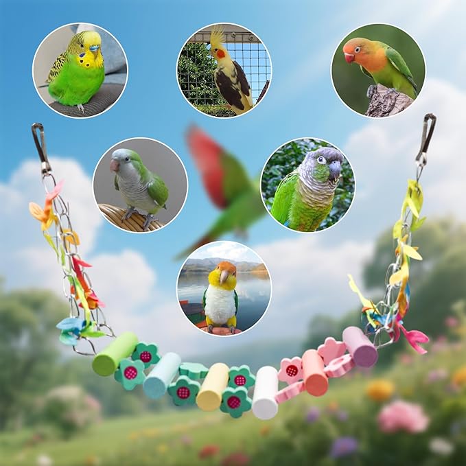 Colorful Wooden Bridge Bird Swing – Hammock-Style Swing Toy with Painted Rungs, Floral Accents & Metal Hooks for Budgies, Cockatiels & Small to Medium Birds