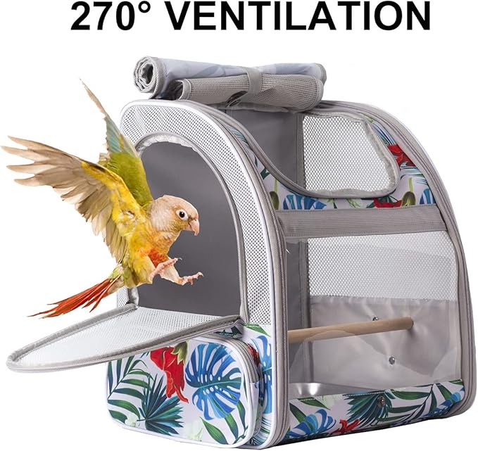 Bird Travel Carrier Backpack with Wooden Stand Perch, Small to Medium Bag to Carry Parrot Parakeet Conure Cockatiel (Multi-Colored, Bird Backpack)