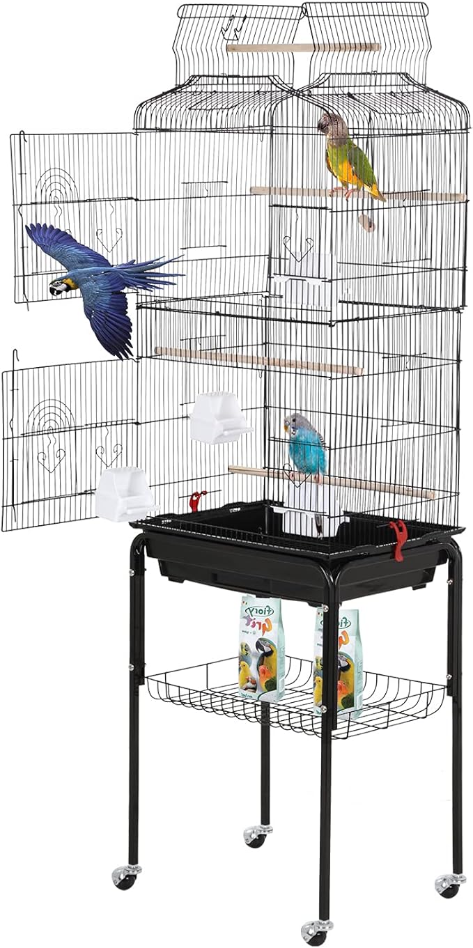 BestPet 64 inch Wrought Iron Bird Cage for Parakeets Medium Small Parrots Parakeet Cage with Detachable Rolling Stand & Play Open Top for Cockatiels Lovebird Finches Canaries (Black)