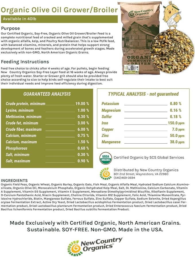 New Country Organics | Olive Oil Grower/Broiler Feed for Growing Pullets and Cockerels | Corn-Free and Soy-Free | 19% Protein | Certified Organic and Non-GMO |40 lbs
