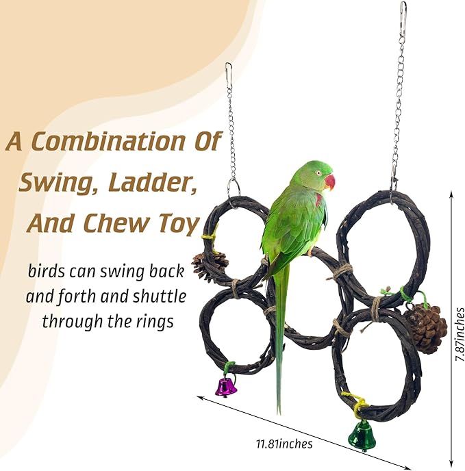 BNOSDM Bird Swing Rings Toy Natural Wood Parrot Climbing Ladder Parakeet Chewing Toys Hanging Budgie Cage Accessories for Green Cheek Conure Cockatiel Lovebird (5 Rings)