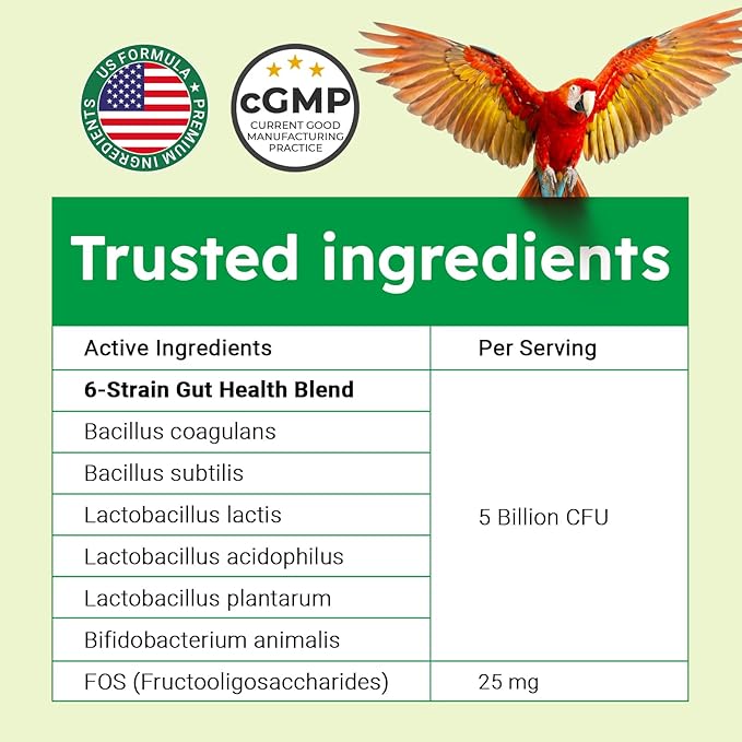 Avian Probiotics for Birds & Parrots – Digestive & Gut Health Support Powder with Prebiotics (FOS), 6-Strain Formula for Parrots & Pet Birds (120 Servings)