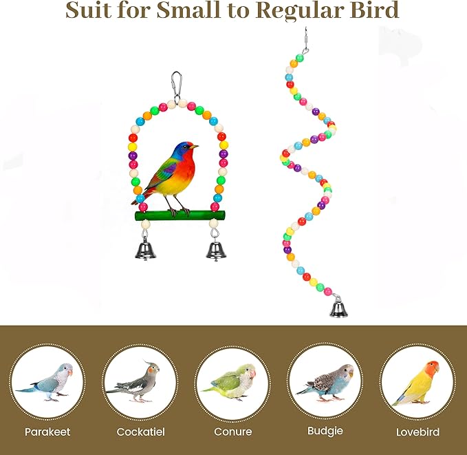 2PCs Swing Parrot Toy Spiral Perch Bird Cage Toy Colorful Wood and Glow Beads with Metal Bell for Small to Regular Parrot Parakeets,Macaw,Conure, Cockatiel, Finchess