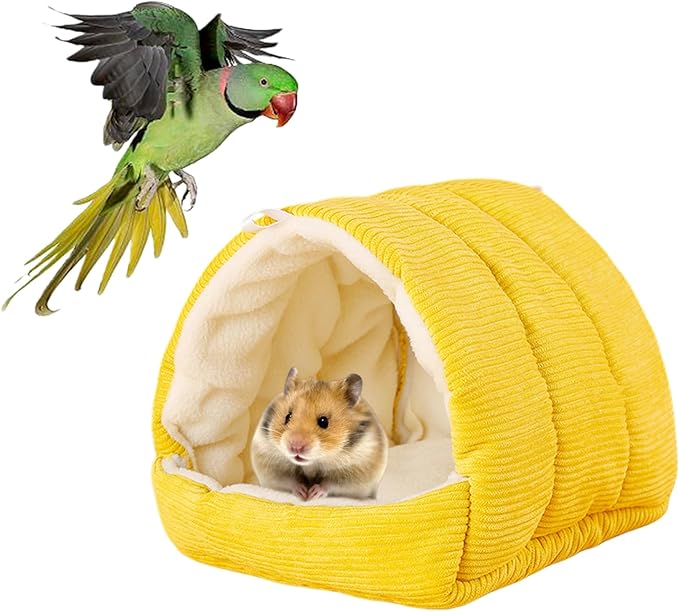 Winter Warm Bird Nest Bed, Plush Hanging Bird Bed for Cage, Plush Hut Tent, Hideaway Sleeping Nest for Budgies, Parakeets, Cockatiels, Conures (Yellow, M)