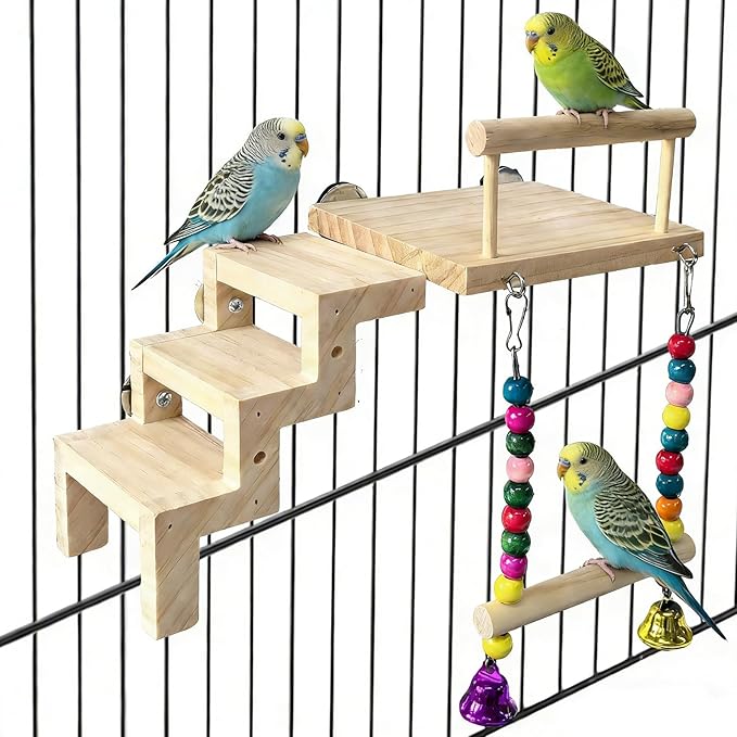 kathson Bird Perches Cage Toys with Bird Climbing Ladder Swing,Wooden Parrot Perches Platform,Parakeet Play Gyms Exercise Stands Cage Accessories for Green Cheeks,Lovebird,Budgie,Cockatiels