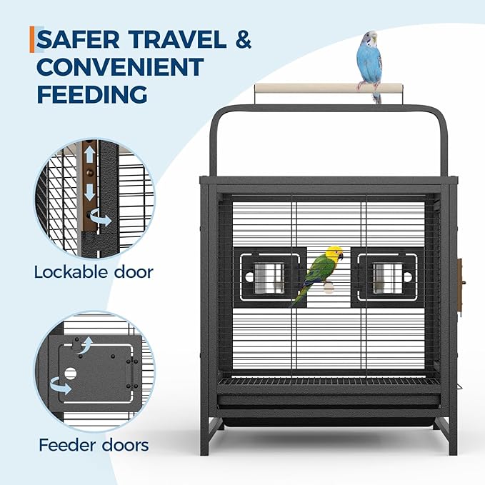 Large Bird Cage, 71" h Rolling Birdcage with Play Top & Storage Cabinet, Wood Parakeet Cage for Macaw Parakeet Parrot Cockatiel Budgie (Black)