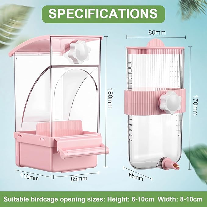 Novabright No Mess Bird Feeder Water Dispenser Set, Automatic Transparent Bird Food Container and 12 oz Automatic Water Feeder for Small Birds Parrot, Cockatoo, Canary, Cage, Lovebird, Budgies (Pink)