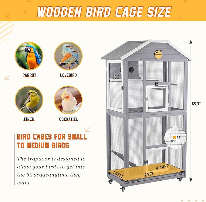 Ketive 65in Outdoor Bird Aviary with Wheels,Wooden Bird Cage Indoor Finches Cage Flight cage Wire Mesh,Easy Clean Tray Perches Nest Feeder