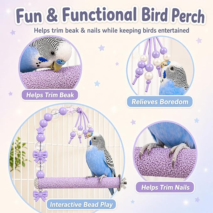 Bird Parrot Perch with Beads and Bow Chew Toy,Cage Platform Toy and Exercise Accessories for Budgies Parakeets Cockatiels Conures and Lovebirds (Purple)