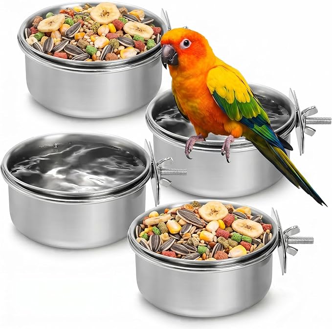 Okllen 4 Pack Bird Feeding Dish Cups, Detachable Stainless Steel Bird Food Bowls with Clamp for Chinchilla Parrot Cockatiel Conure Budgies Parakeet Small Animal