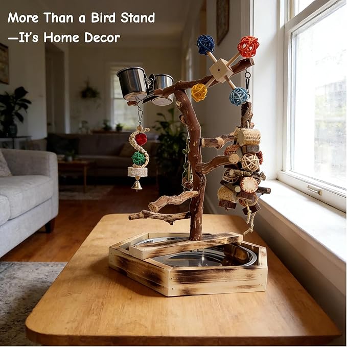 Wooden Bird Play Stand for Parakeets & Cockatiels, Natural Wood Perch Gym with Hanging Toys, Removable Metal Tray, Multi-Level Bird Playground for Small to Medium Birds