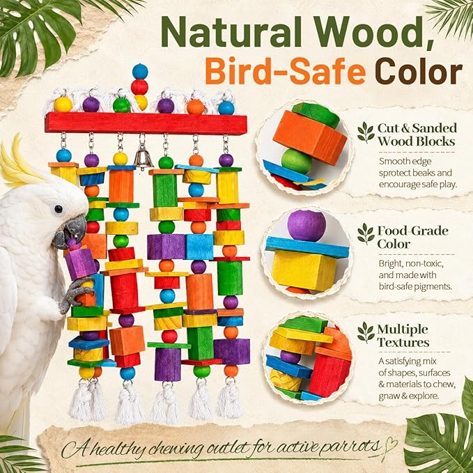 Extra Large Bird Toys for Macaws African Greys Cockatoos, 21.6" x 13" Heavy Duty Parrot Chewing Toy with Durable Stainless Steel Chain & Natural Wood Blocks, Large Bird Cage Accessories with Bell