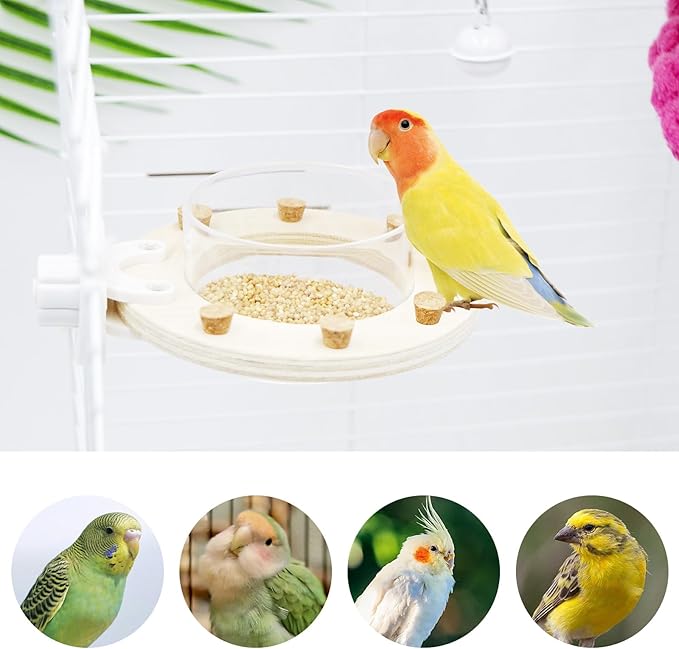 Bird Cage Accessories, Transparent Acrylic Feeding Bowl with Wooden Frame & Chewable Cork, Bird Cage Feeder for Budgies, Cockatiels, Lovebirds, Canary and Other Small Birds
