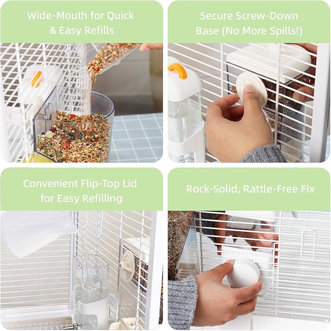 No-Mess Bird Feeder & Waterer Set for Cage, 300ml Auto Feeder with Seed Hull Catcher & 400ml Stainless Steel No-Backflow Drinker, for Cockatiels Conures Parakeets