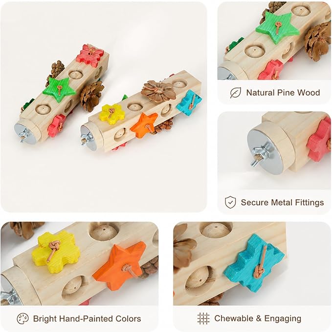 2 Piece Wooden Bird Perch Bird Toys, Wooden Parrot Toys, Birds Chew Toy Cage Accessories for Small to Medium Budgies, Cockatiels, Parakeet, Conures, Ideal for Beak-Grinding