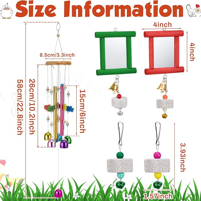 VioraWhite 7 Pcs Chicken Toys, Hanging Chicken Wind Chime, 2 Pcs Coop Mirror Toys with Bells 4 Pack Beak Grinding Stones, Musical Coop Accessories for Hen Rooster Chick Poultry Bird(Rose Red, Green)