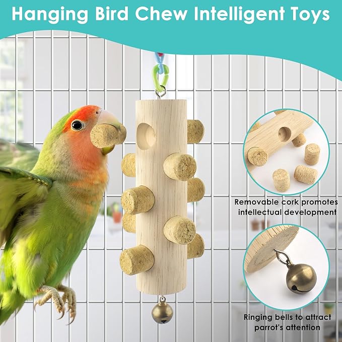 DBNESS 3pcs Natural Wood Bird Perch Toys, Rotating Perch Stand, L-Shaped Perches with Chew Block, Hanging Cork Stopper Toy, Birdcage Accessories for Small Medium Parrots Cockatiels Quaker Caique