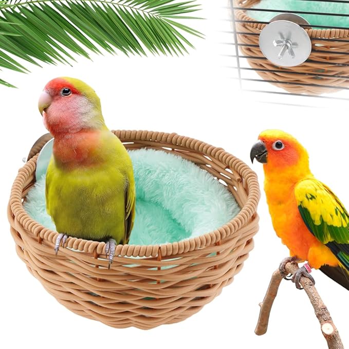 VTurboWay 1 Pack Bird Rattan Nest with 1 Pcs Nest Mat Parrot Egg Laying and Breeding Nest for Parrots Cockatiels Budgerigars Finches Canaries