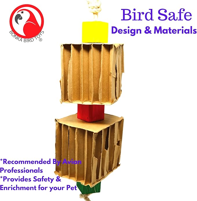 Bonka Bird Toys 3748 Big Duo Blocks N Cube Wood Hanging Chew Toy 12" Natural Hardwood and Rope for Medium to Large Parrots Cage Enrichment and Beak Conditioning